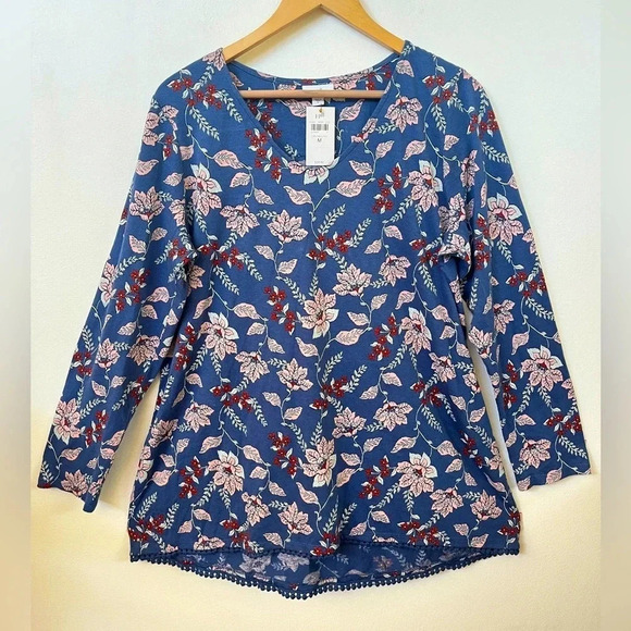 J. Jill Tops - J. Jill Sz M Modal Denim Blue Floral Long Sleeve Tunic Blouse Trim Casual Vneck